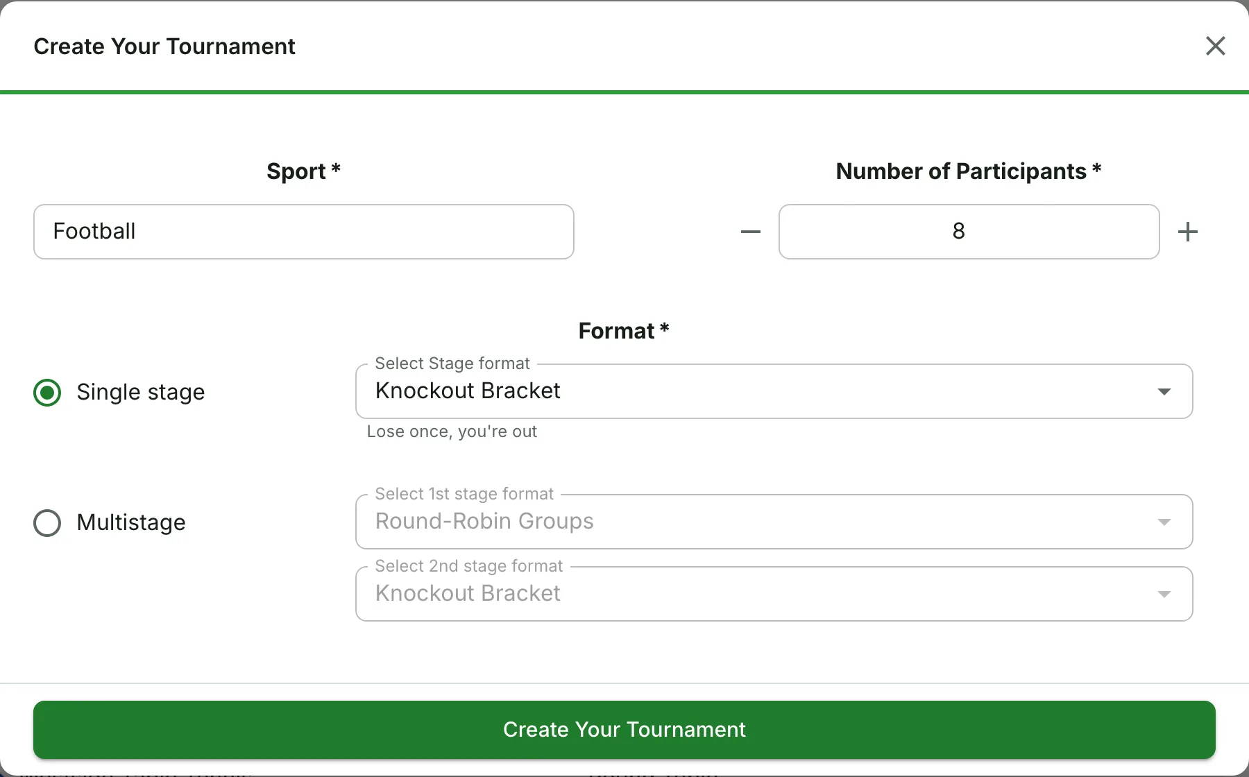 Creating a tournament on Score7: sport, number of participants and format