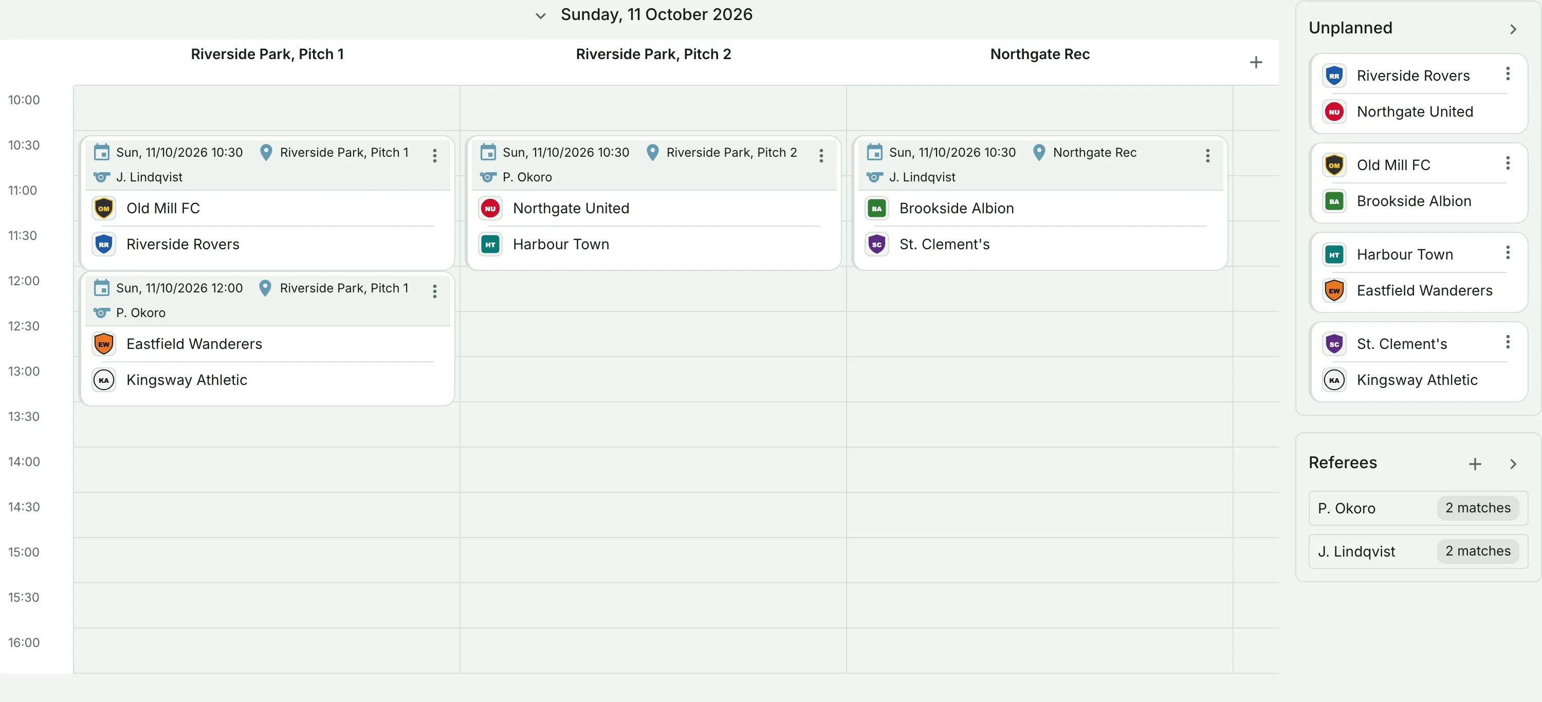 The plan board: a round's matches placed on pitches and times